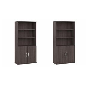 Pemberly Row Set of 2 Tall 5-Shelf Bookcases with Doors in Storm Gray