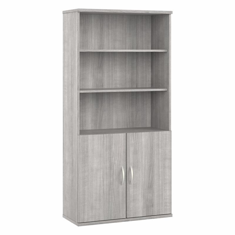 Pemberly Row Set of 2 Tall 5-Shelf Bookcases with Doors in Platinum Gray
