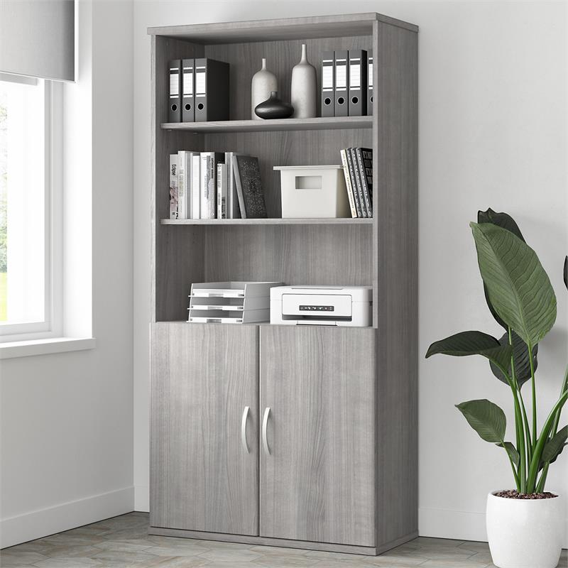 Pemberly Row Set of 2 Tall 5-Shelf Bookcases with Doors in Platinum Gray