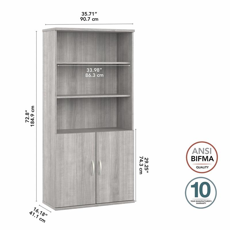 Pemberly Row Set of 2 Tall 5-Shelf Bookcases with Doors in Platinum Gray