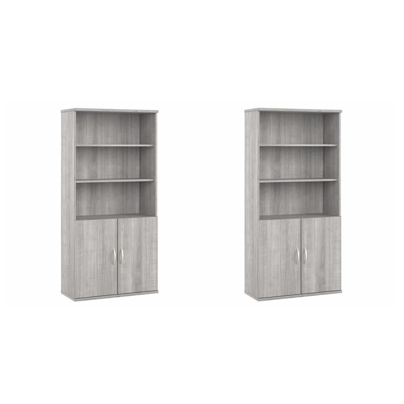 Pemberly Row Set of 2 Tall 5-Shelf Bookcases with Doors in Platinum Gray