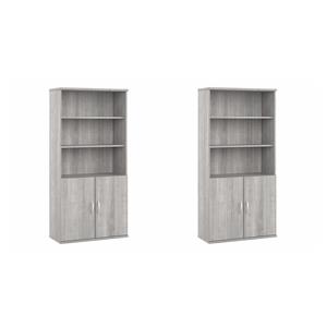 Pemberly Row Set of 2 Tall 5-Shelf Bookcases with Doors in Platinum Gray