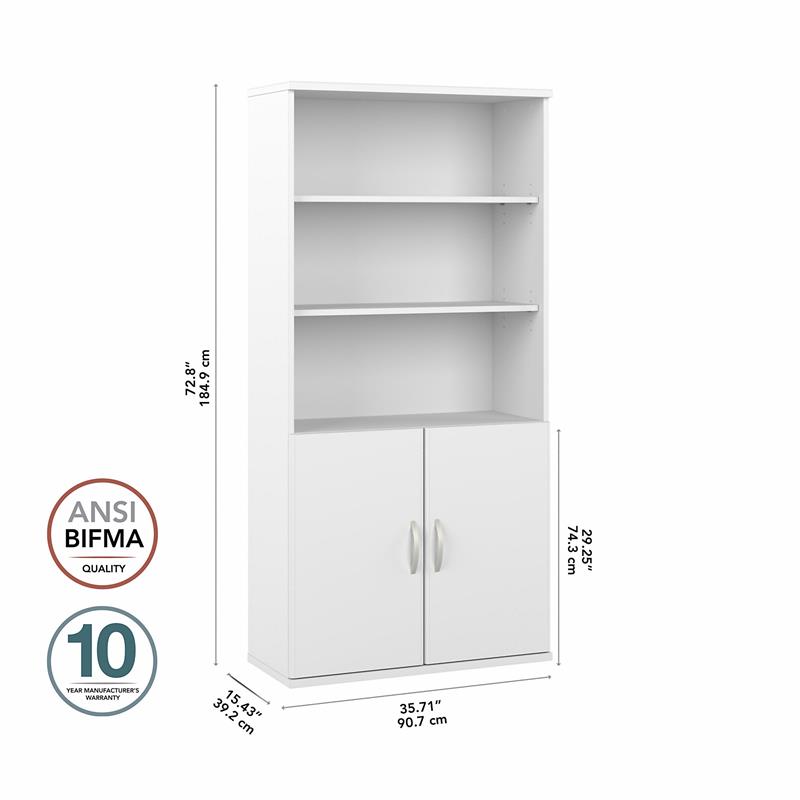 Pemberly Row Set of 2 Tall 5-Shelf Bookcases with Doors in White