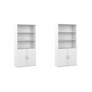 Pemberly Row Set of 2 Tall 5-Shelf Bookcases with Doors in White