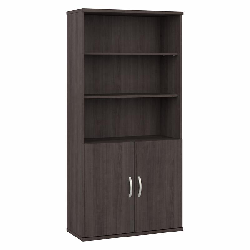 Pemberly Row Set of 2 Tall 5-Shelf Bookcases with Doors in Storm Gray