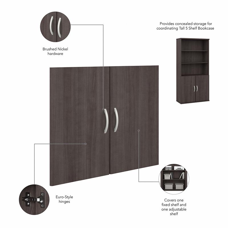 Pemberly Row Set of 2 Tall 5-Shelf Bookcases with Doors in Storm Gray