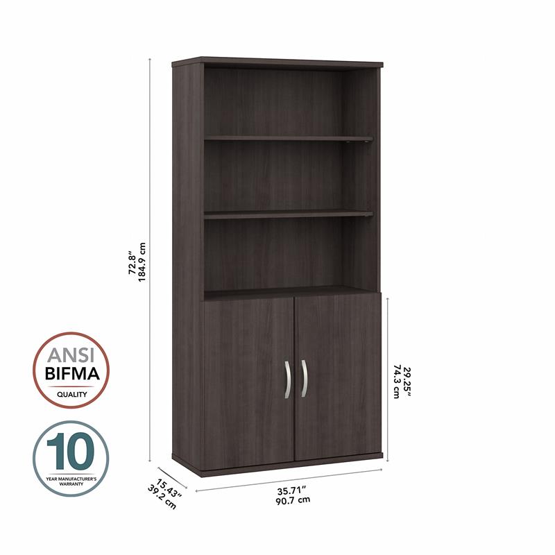 Pemberly Row Set of 2 Tall 5-Shelf Bookcases with Doors in Storm Gray