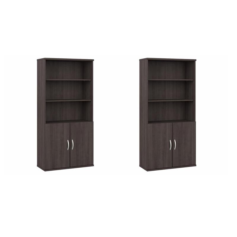 Pemberly Row Set of 2 Tall 5-Shelf Bookcases with Doors in Storm Gray