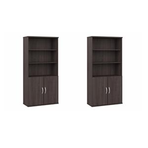 Pemberly Row Set of 2 Tall 5-Shelf Bookcases with Doors in Storm Gray