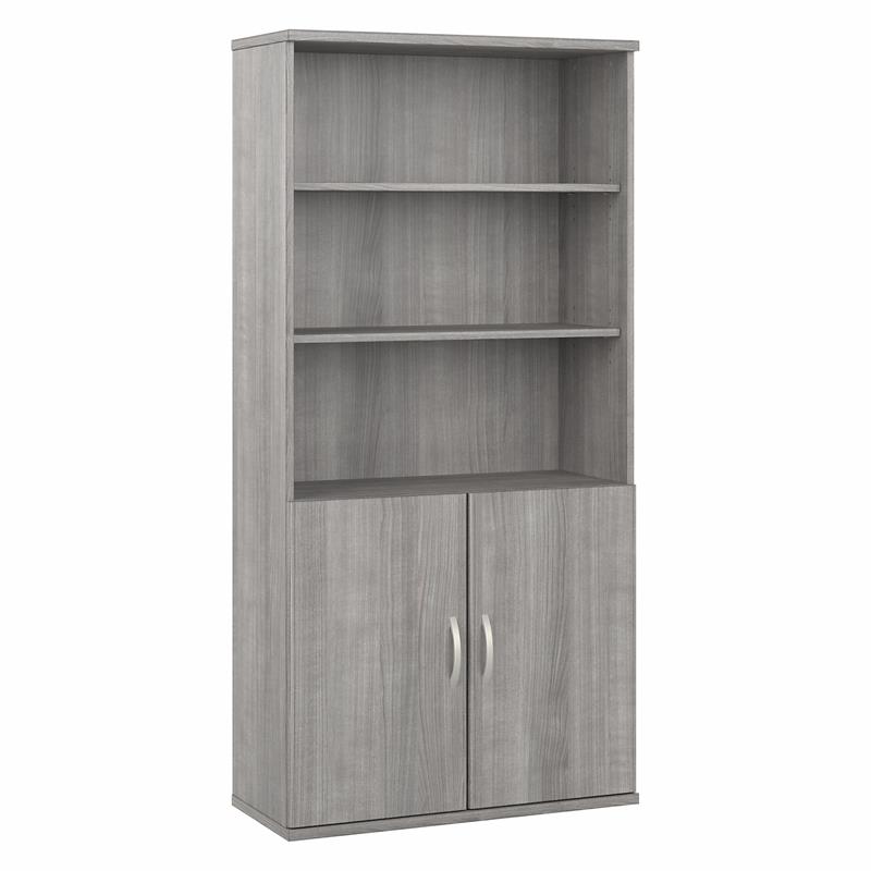 Pemberly Row Set of 2 Tall 5-Shelf Bookcases with Doors in Platinum Gray