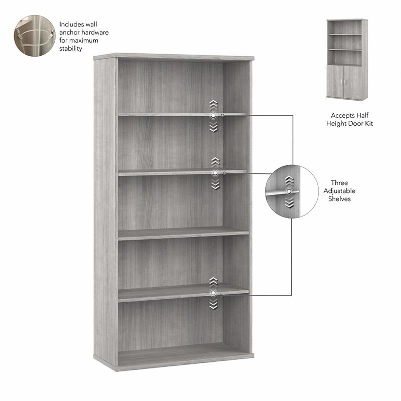 Pemberly Row Set of 2 Tall 5-Shelf Bookcases with Doors in Platinum Gray