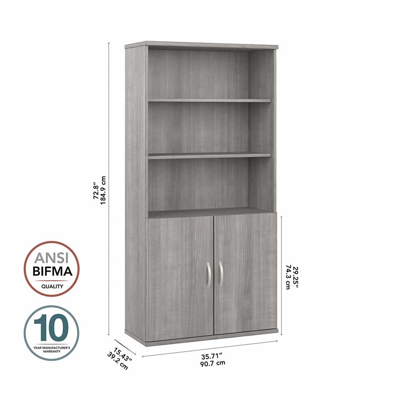 Pemberly Row Set of 2 Tall 5-Shelf Bookcases with Doors in Platinum Gray