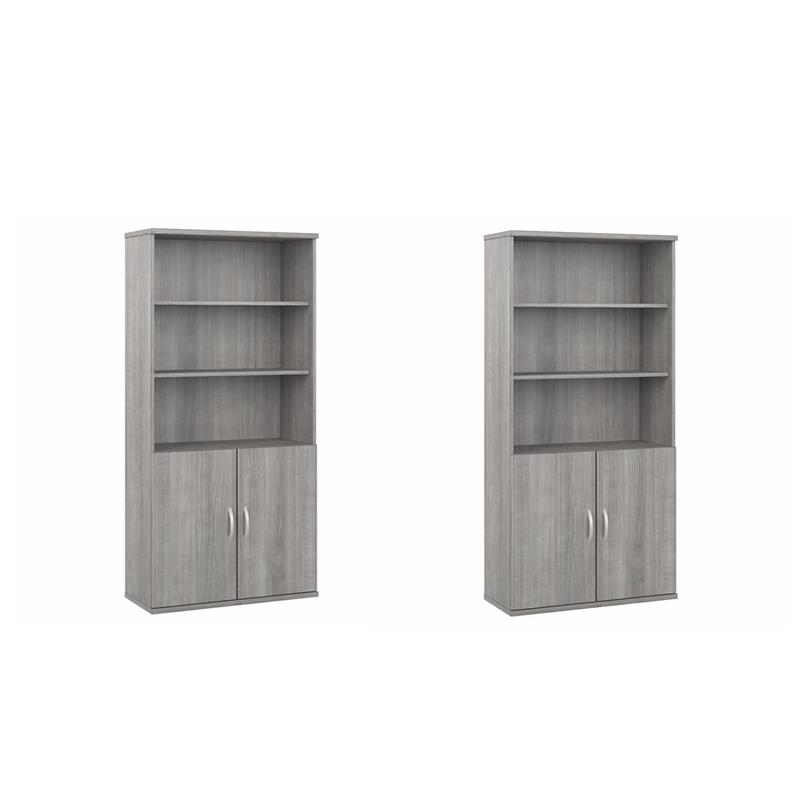 Pemberly Row Set of 2 Tall 5-Shelf Bookcases with Doors in Platinum Gray