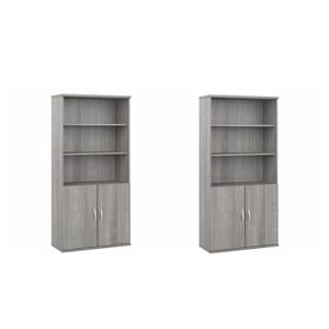 Pemberly Row Set of 2 Tall 5-Shelf Bookcases with Doors in Platinum Gray