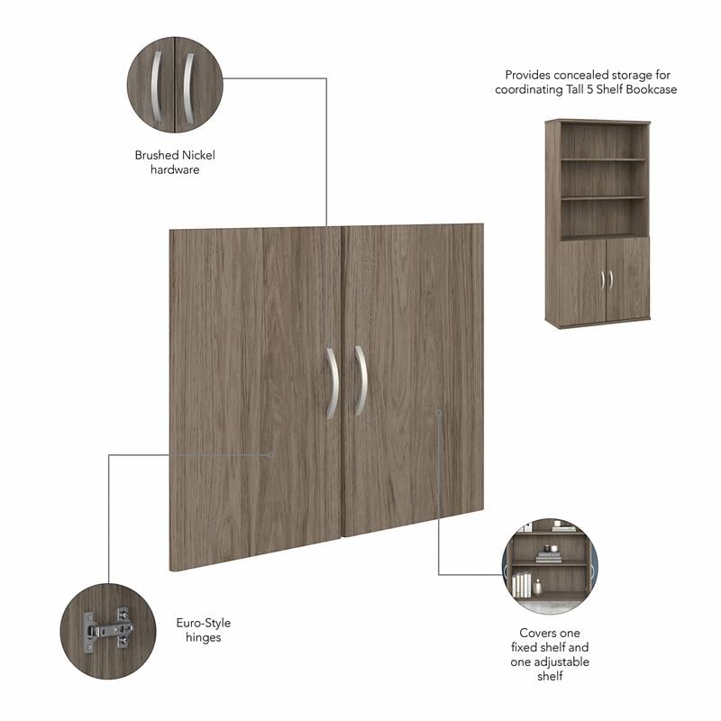 Pemberly Row Set of 2 Tall 5-Shelf Bookcases with Doors in Modern Hickory