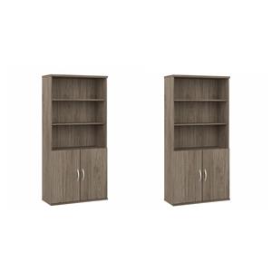 Pemberly Row Set of 2 Tall 5-Shelf Bookcases with Doors in Modern Hickory