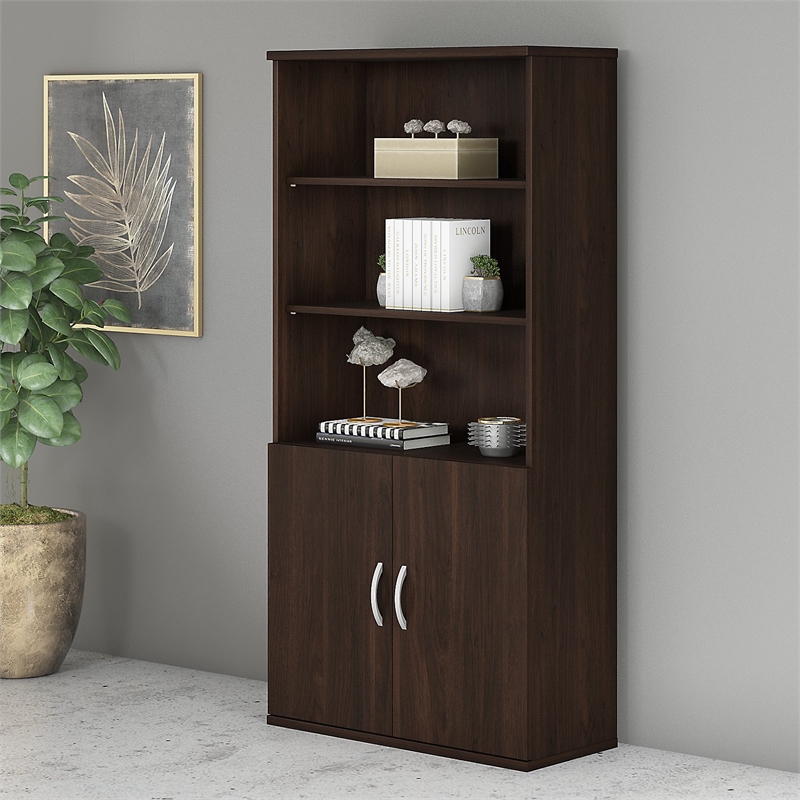 Pemberly Row Set of 2 Tall 5-Shelf Bookcases with Doors in Black Walnut