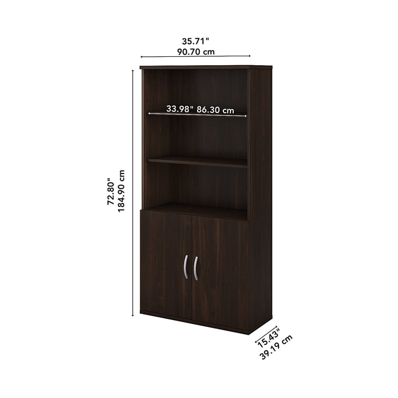 Pemberly Row Set of 2 Tall 5-Shelf Bookcases with Doors in Black Walnut
