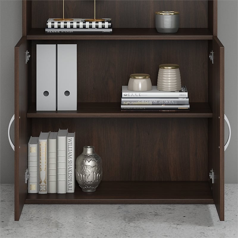 Pemberly Row Set of 2 Tall 5-Shelf Bookcases with Doors in Black Walnut