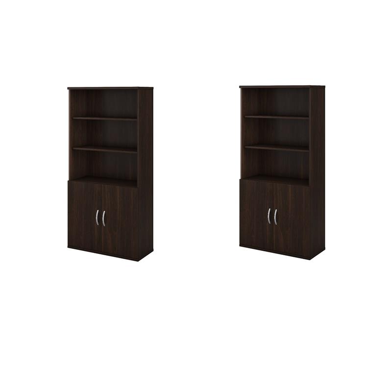 Pemberly Row Set of 2 Tall 5-Shelf Bookcases with Doors in Black Walnut