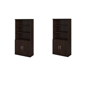Pemberly Row Set of 2 Tall 5-Shelf Bookcases with Doors in Black Walnut