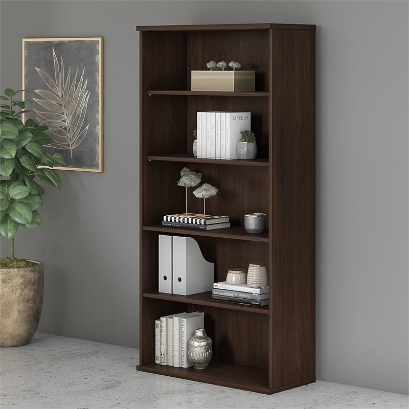 Pemberly Row Set of 2 Tall 5-Shelf Bookcases in Black Walnut - Engineered Wood