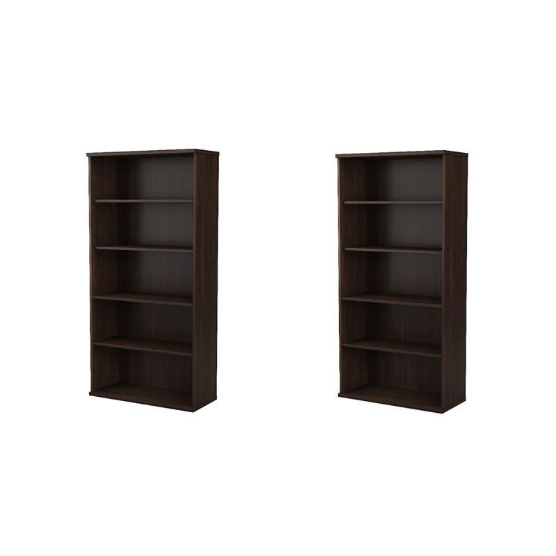 Pemberly Row Set of 2 Tall 5-Shelf Bookcases in Black Walnut - Engineered Wood