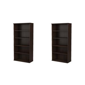 Pemberly Row Set of 2 Tall 5-Shelf Bookcases in Black Walnut - Engineered Wood