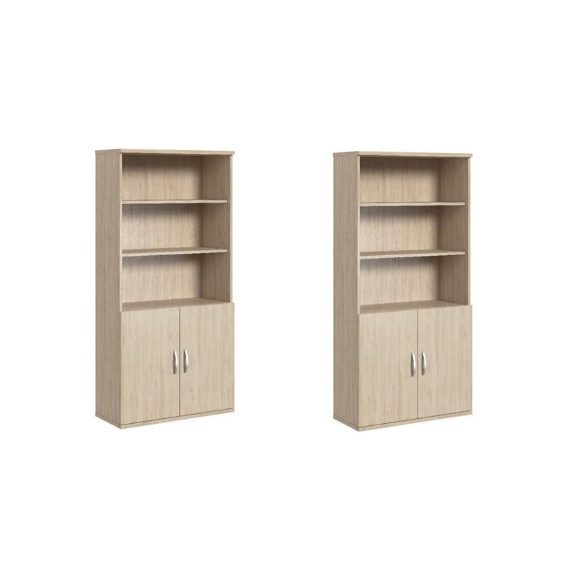 Pemberly Row Set of 2 Tall 5-Shelf Bookcases with Doors in Natural Elm