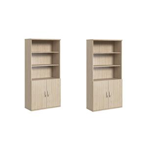 Pemberly Row Set of 2 Tall 5-Shelf Bookcases with Doors in Natural Elm