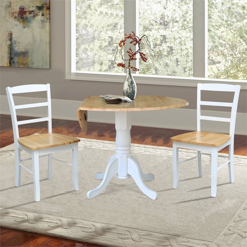Pemberly Row 3 Piece Dual Drop Wood Dining Set in White/Natural