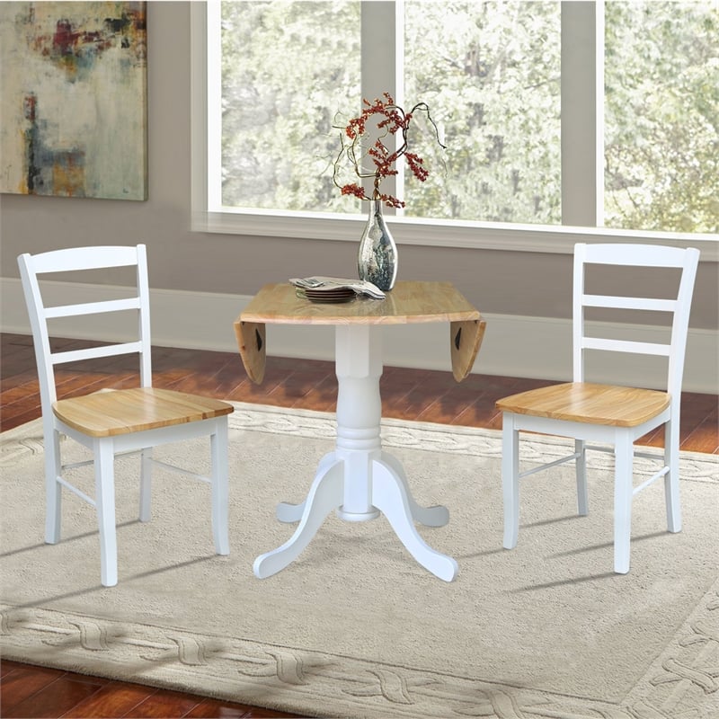 Pemberly Row 3 Piece Dual Drop Wood Dining Set in White/Natural