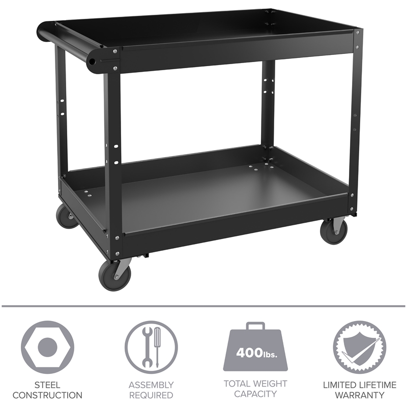 Pemberly Row 2-Shelf Contemporary Metal Utility Cart in Black