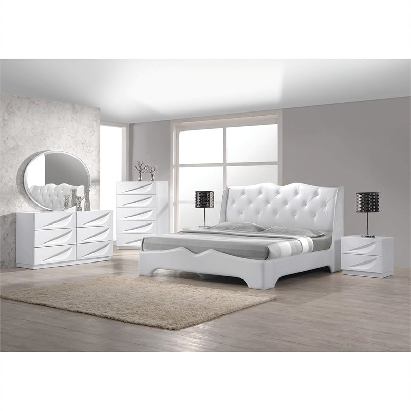 Pemberly Row Leather- Like Fabric Queen Platform Bed in Off White