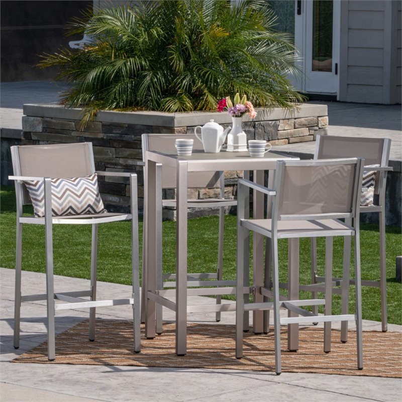 Pemberly Row Outdoor 5 Piece Glass Top Aluminum Bar Set in Silver