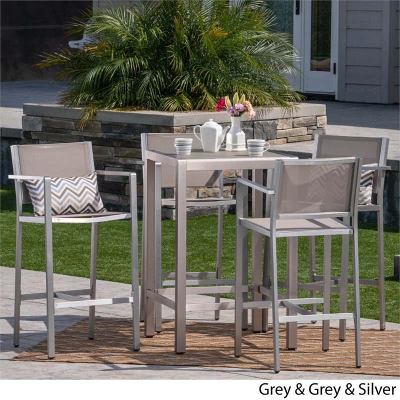 Pemberly Row Outdoor 5 Piece Glass Top Aluminum Bar Set in Silver