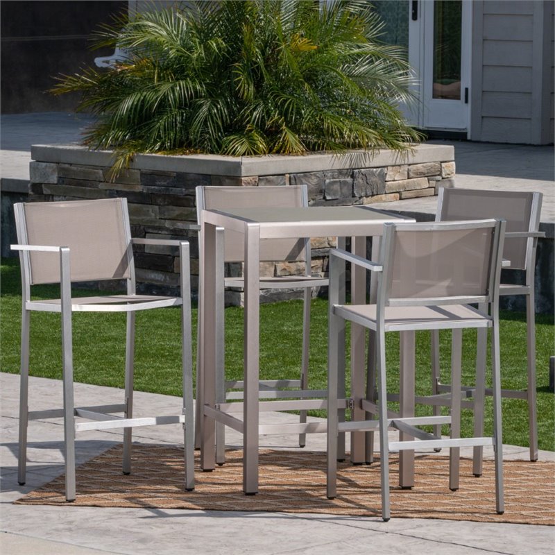 Pemberly Row Outdoor 5 Piece Glass Top Aluminum Bar Set in Silver