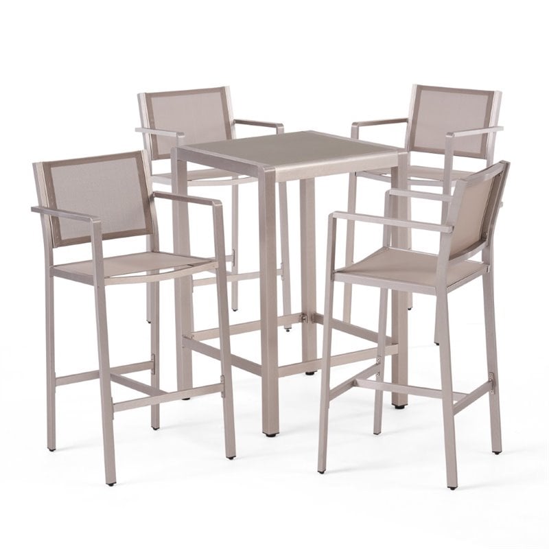 Pemberly Row Outdoor 5 Piece Glass Top Aluminum Bar Set in Silver