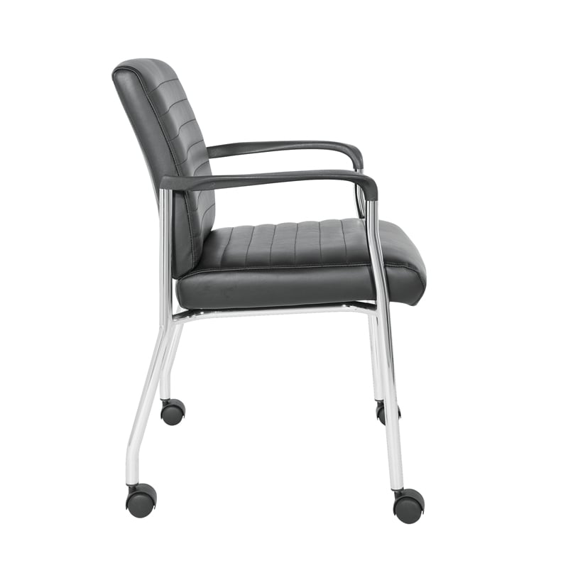 Pemberly Row Guest Chair in Black Faux Leather with Chrome Frame and Casters