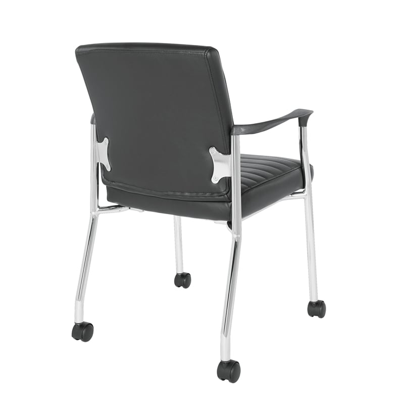 Pemberly Row Guest Chair in Black Faux Leather with Chrome Frame and Casters
