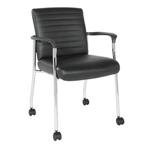 Pemberly Row Guest Chair in Black Faux Leather with Chrome Frame and Casters
