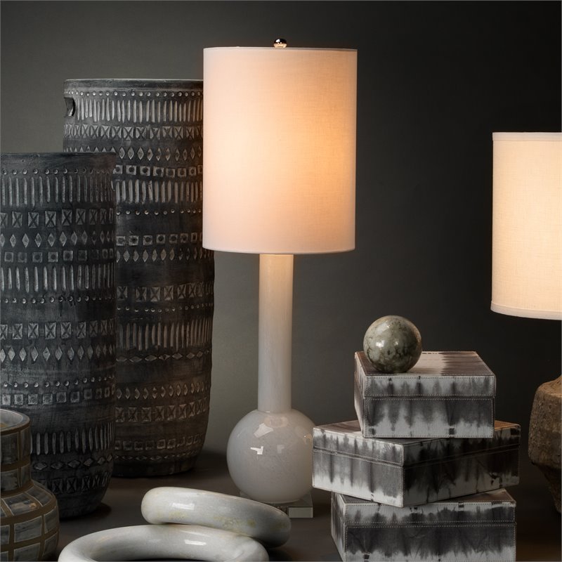 Pemberly Row Transitional Glass Table Lamp with Linen Shade in White