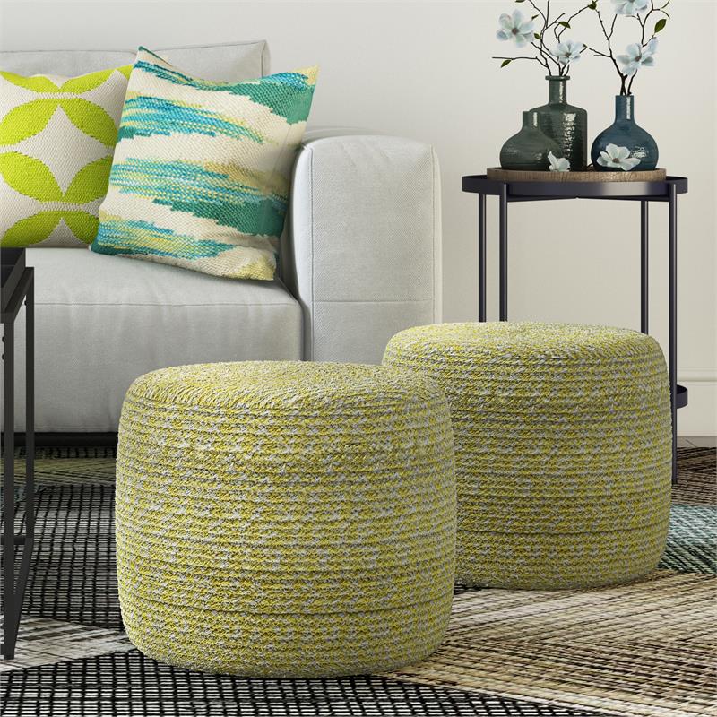 Pemberly Row Transitional Round Braided Pouf in Muted Yellow and Natural Cotton
