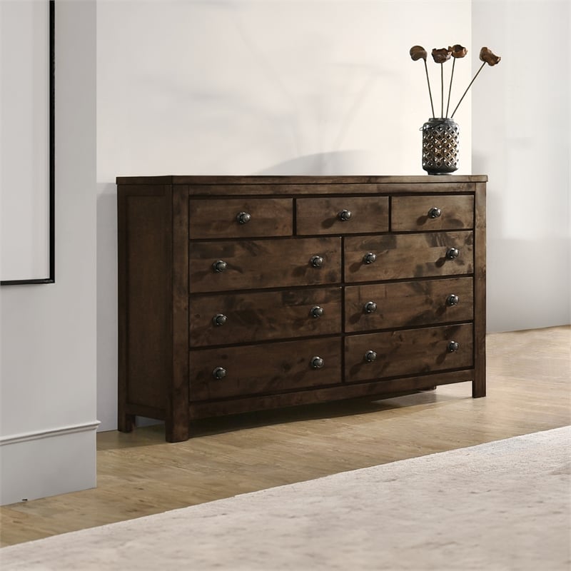 Pemberly Row Modern Solid Wood 9-Drawer Dresser in Rustic Gray