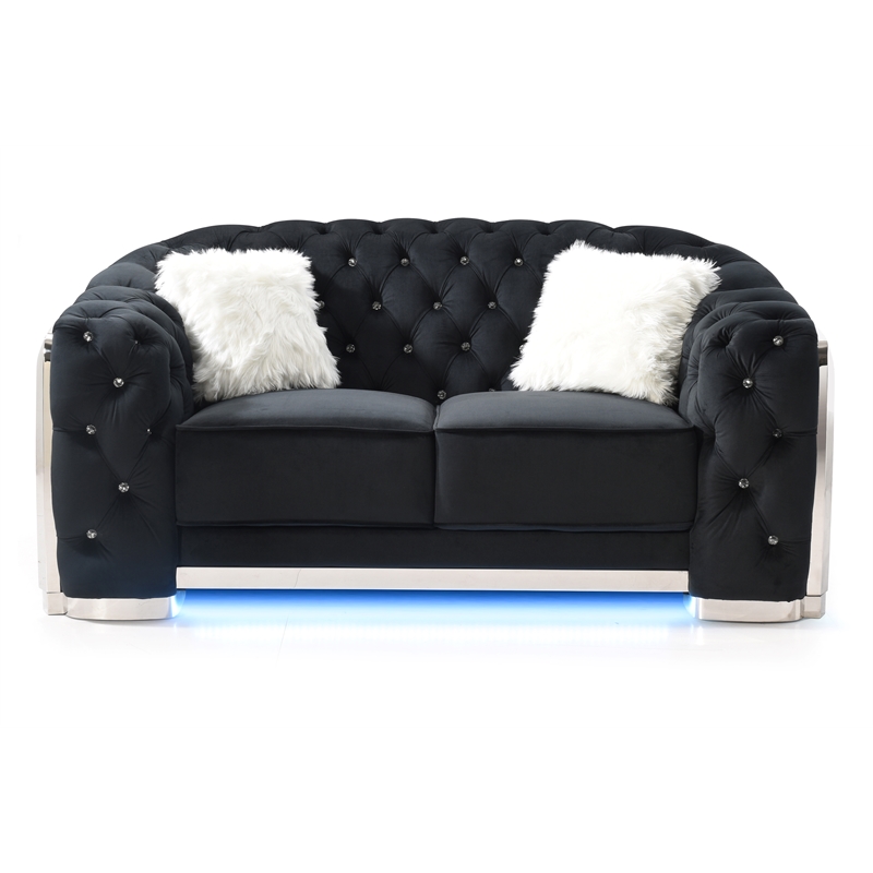 Pemberly Row Modern Black Velvet Loveseat With LED Accent Lighting