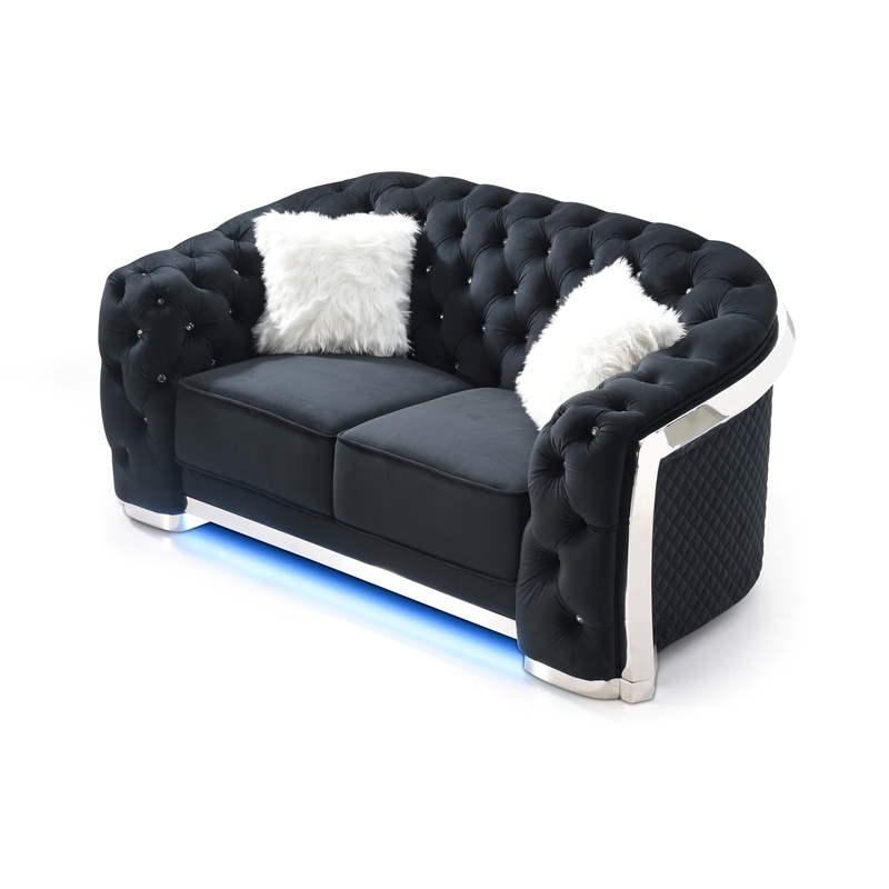 Pemberly Row Modern Black Velvet Loveseat With LED Accent Lighting