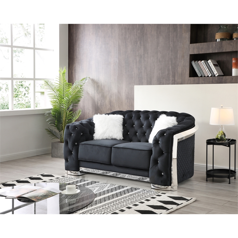 Pemberly Row Modern Black Velvet Loveseat With LED Accent Lighting