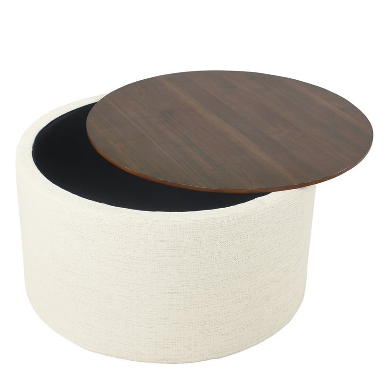 Pemberly Row Modern Fabric Storage Ottoman with Wood Top in Cream