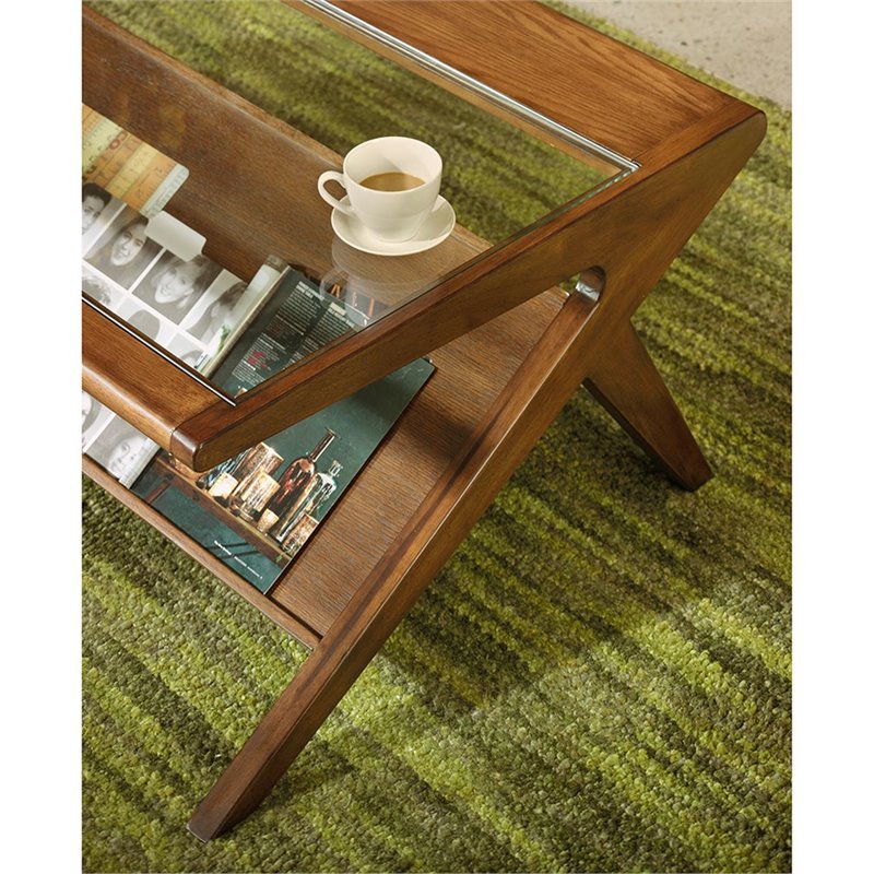Pemberly Row Rectangular Solid Wood and Glass Coffee Table in Brown