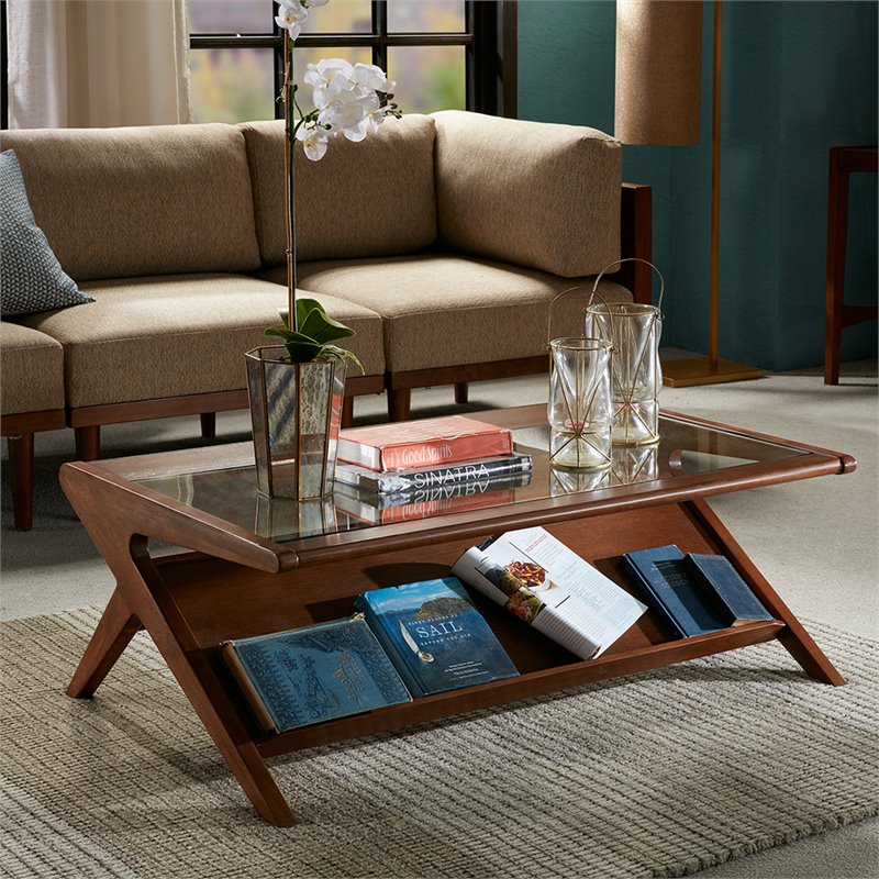 Pemberly Row Rectangular Solid Wood and Glass Coffee Table in Brown